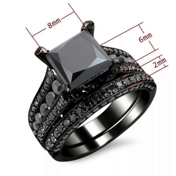 💎 18K BLACK SAPPHIRE DIAMOND STERLING SILVER RING - Picture 3 of 9